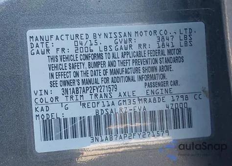 2015 Nissan Sentra Sr from USA, damaged, VIN 3N1AB7AP2FY271579